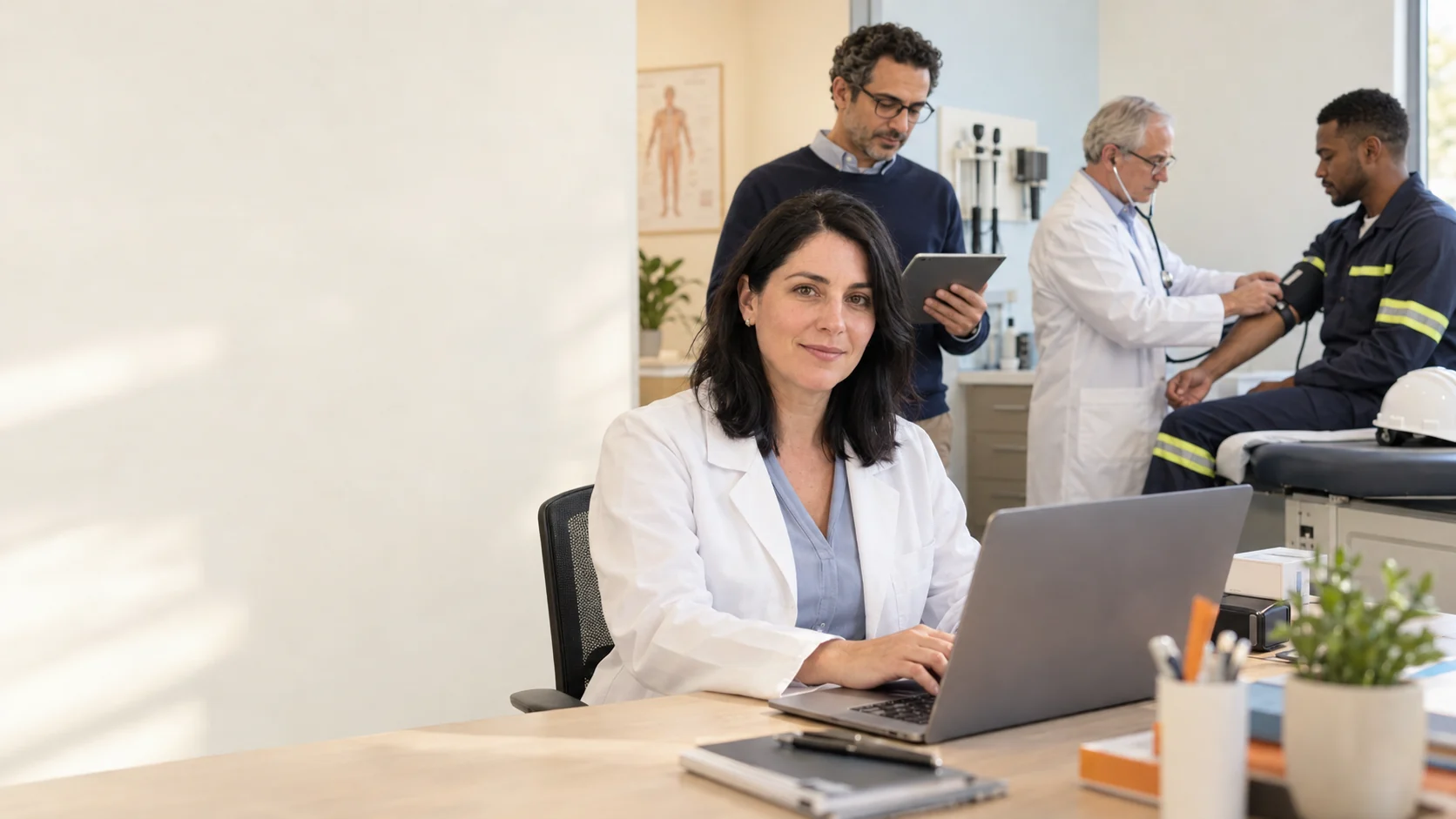 Doctora en una clínica ocupacional con un administrador usando tablet y un médico evaluando a un trabajador